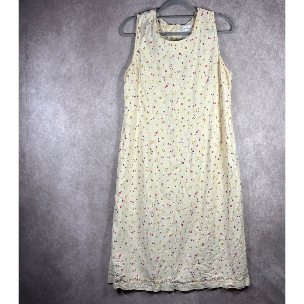 Vintage Country Wear Dress Womens XL Cream Floral Collection Linen Blend Cottage